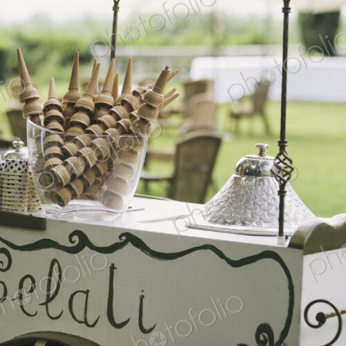 Gelati stand, icecream vendor's trolley, signs and ice cream cones
