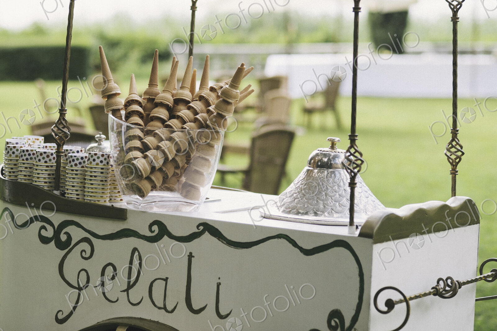 Gelati stand, icecream vendor’s trolley, signs and ice cream cones