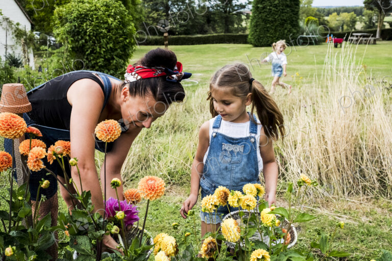 Girl and woman standing in a garden, picking pink and yellow Dahlias.