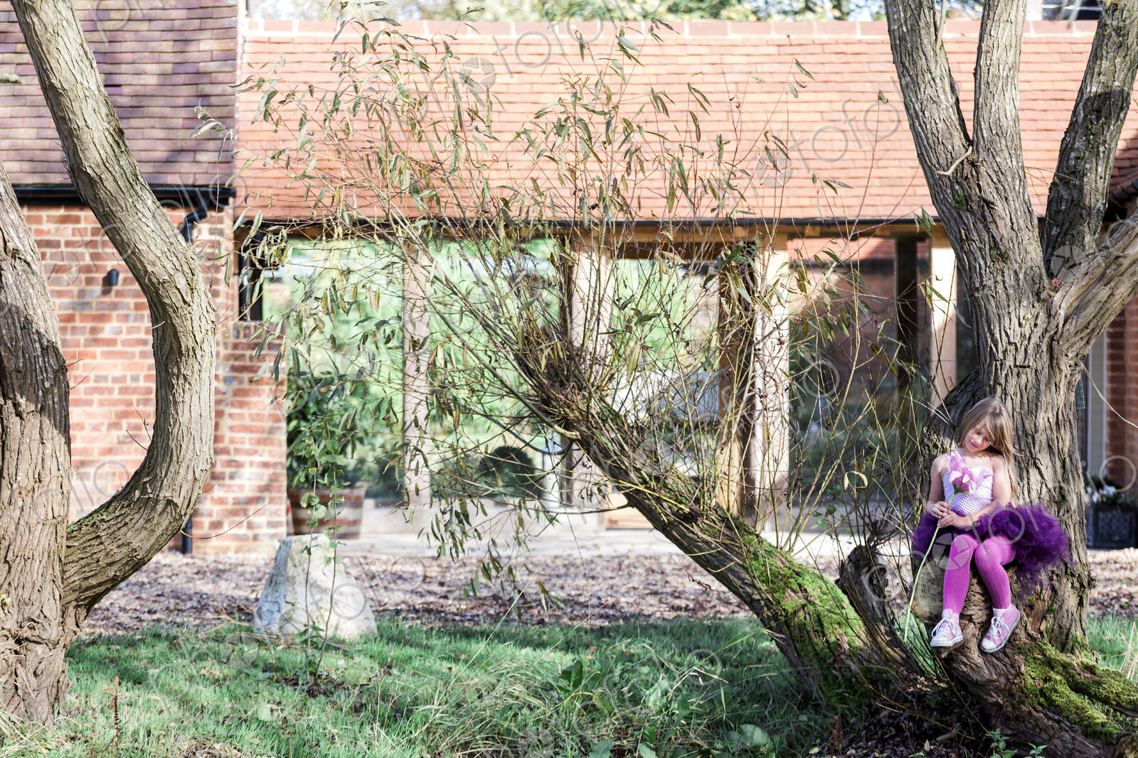 Girl sitting on tree in garden outside house.