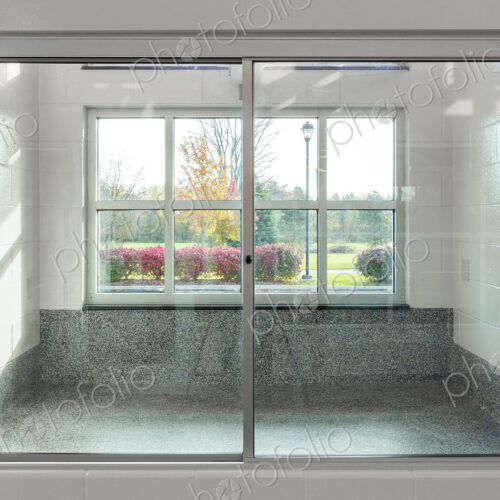 Glass doors to holding area in animal shelter Glass doors to holding area in animal shelter