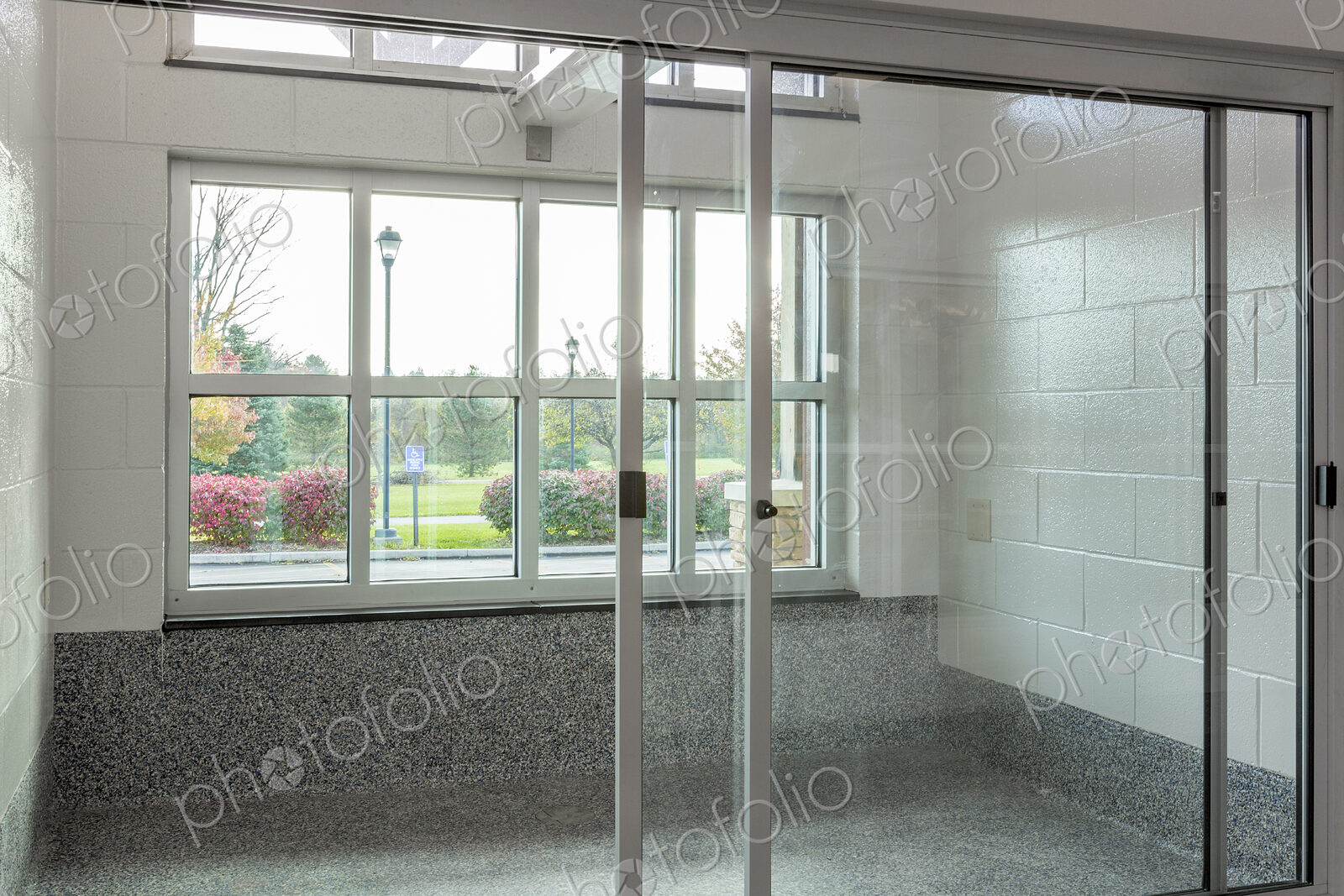 Glass doors to holding area in animal shelter