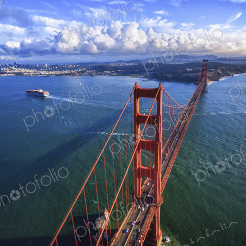 Golden Gate Bridge, aerial view of the large road bridge and the landscape around it,… Golden Gate Bridge, aerial view of the large road bridge and the landscape around it,…