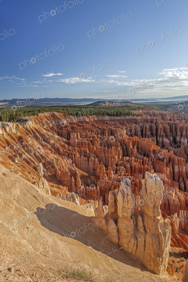 Golden hoodoos rise from Bryce Canyons rim, with a vast amphitheater of red rock…