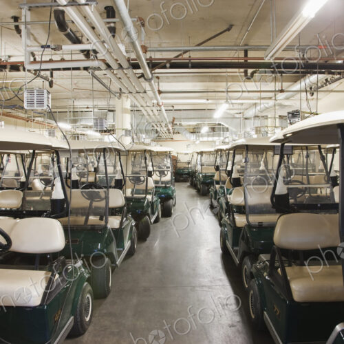 Golf carts in storage