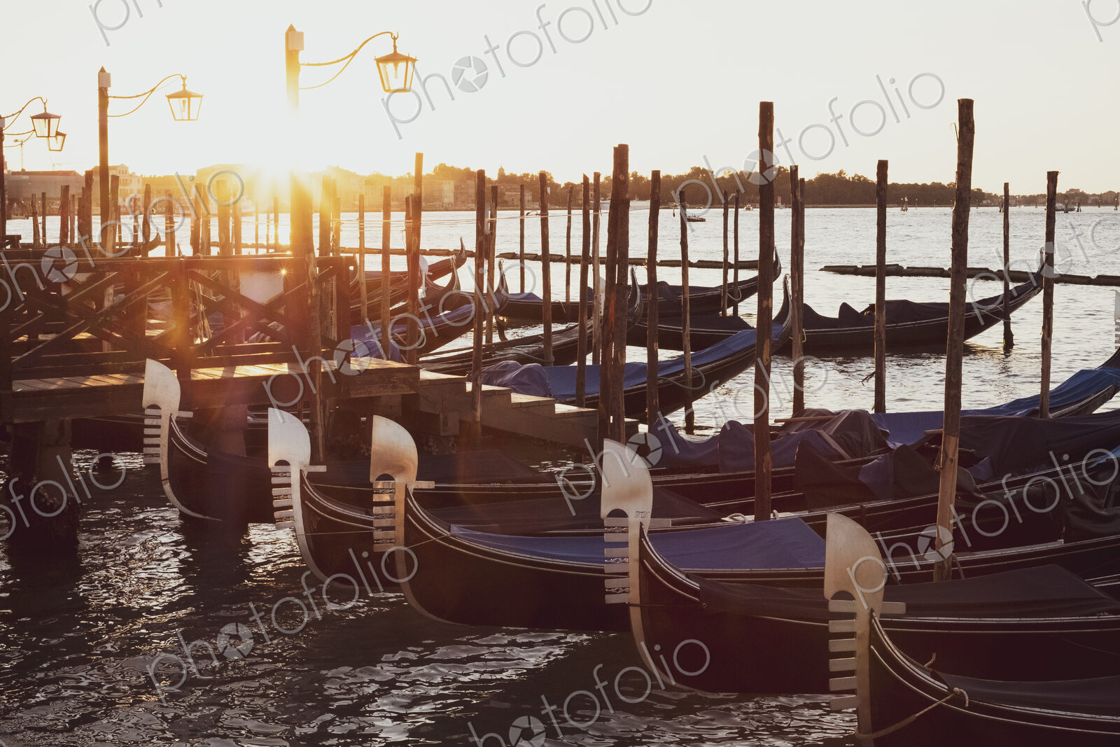 Gondolas moored in the Canale Grande in Venice, Veneto, Italy at sunrise.