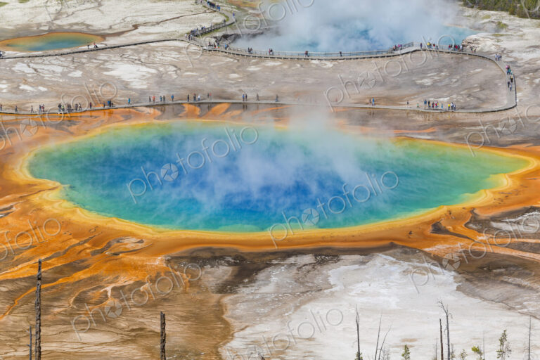 Grand Prismatic Spring, heated geothermal pool with mist rising