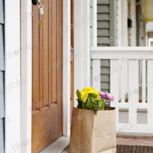 Grocery bag on front stoop Grocery bag on front stoop