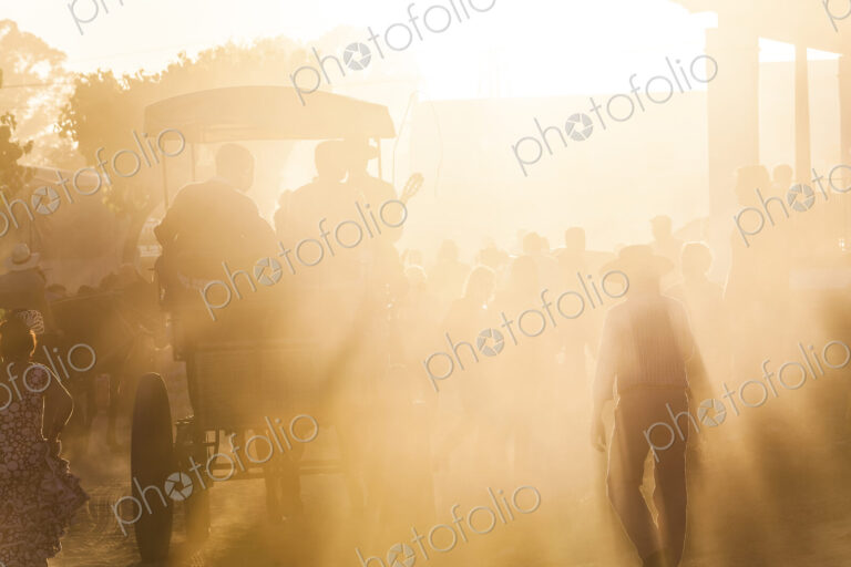 Group of people in horse-drawn wagons and on horseback on a rural dusty road.