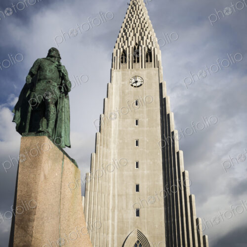Hallgrímskirkja church, a tall modern church tower and statue of the explorer Leif… Hallgrímskirkja church, a tall modern church tower and statue of the explorer Leif…