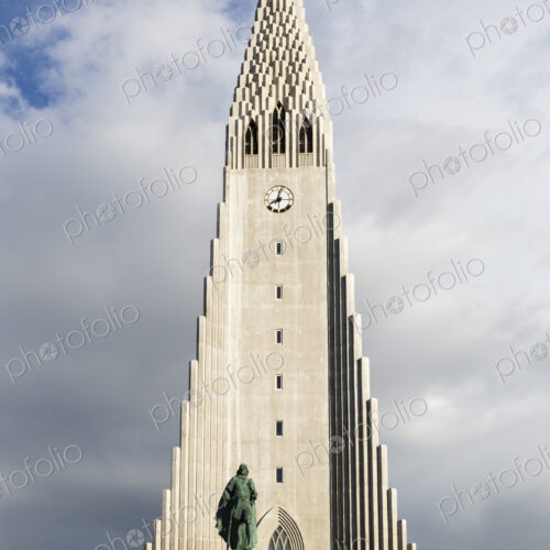 Hallgrímskirkja church, a tall modern church tower and statue of the explorer Leif… Hallgrímskirkja church, a tall modern church tower and statue of the explorer Leif…