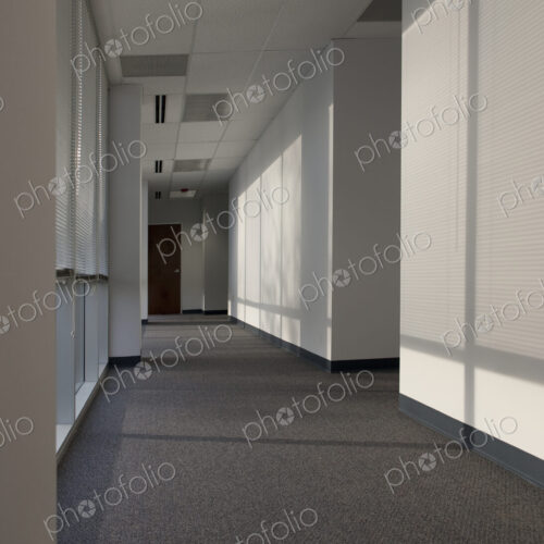 Hallway of an office building, sunlight coming through miniblinds.