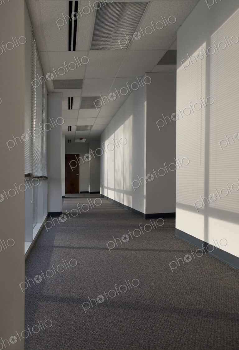 Hallway of an office building, sunlight coming through miniblinds.