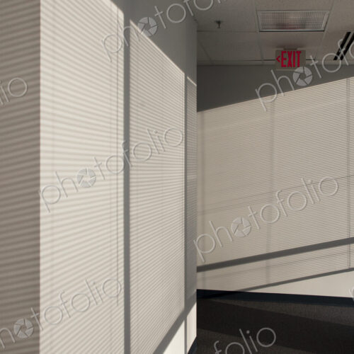 Hallway of an office building, sunlight coming through miniblinds.