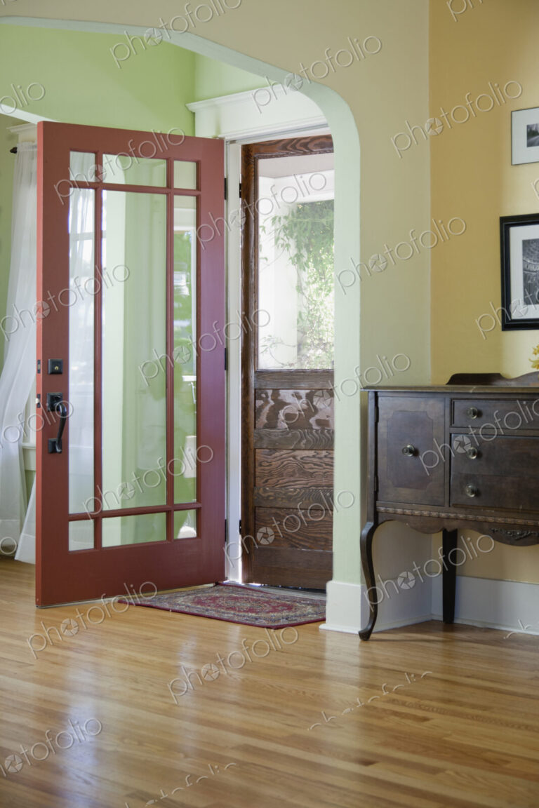 Hallway with wood floor and front door and screen door in a traditional home.