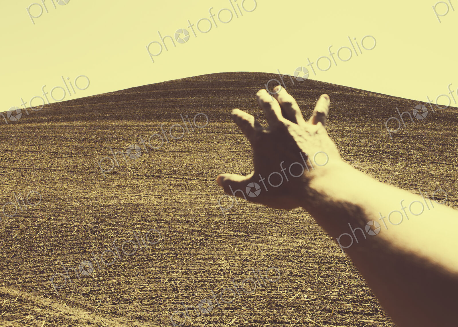 Hand extending towards plowed farmland, near Pullman