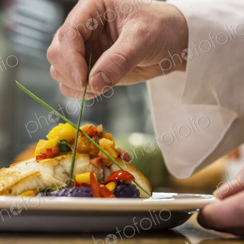 Hands of a chef dressing a plate of fish in a commercial kitchen, Hands of a chef dressing a plate of fish in a commercial kitchen,