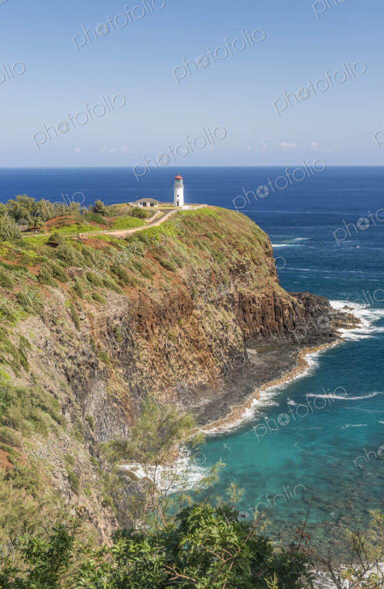 Hawaii, Kauai, Kilauea Lighthouse, view of the historic lighthouse on a headland.