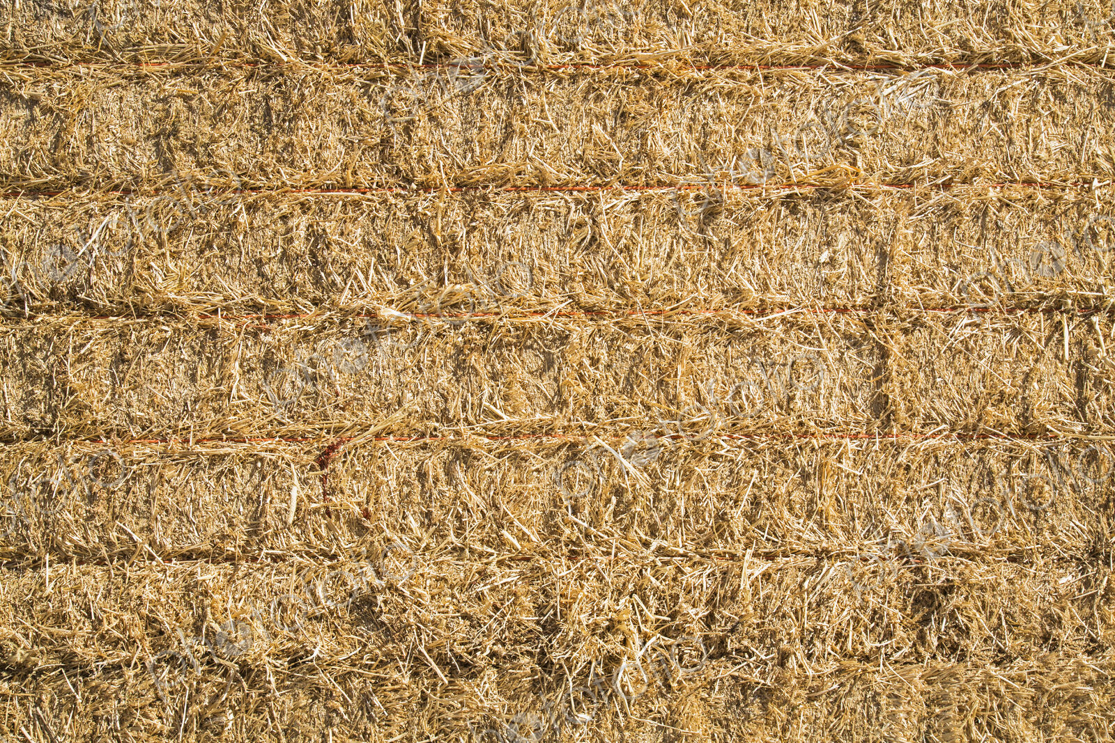 Hay bales stacked up. Dried grass and plant stalks, baled and packed tightly together.