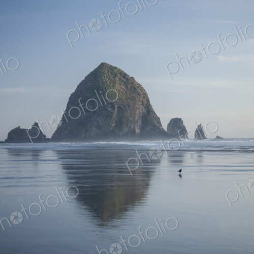 Haystack Rock reflecting in ocean, Cannon Beach, Oregon, United States Haystack Rock reflecting in ocean, Cannon Beach, Oregon, United States