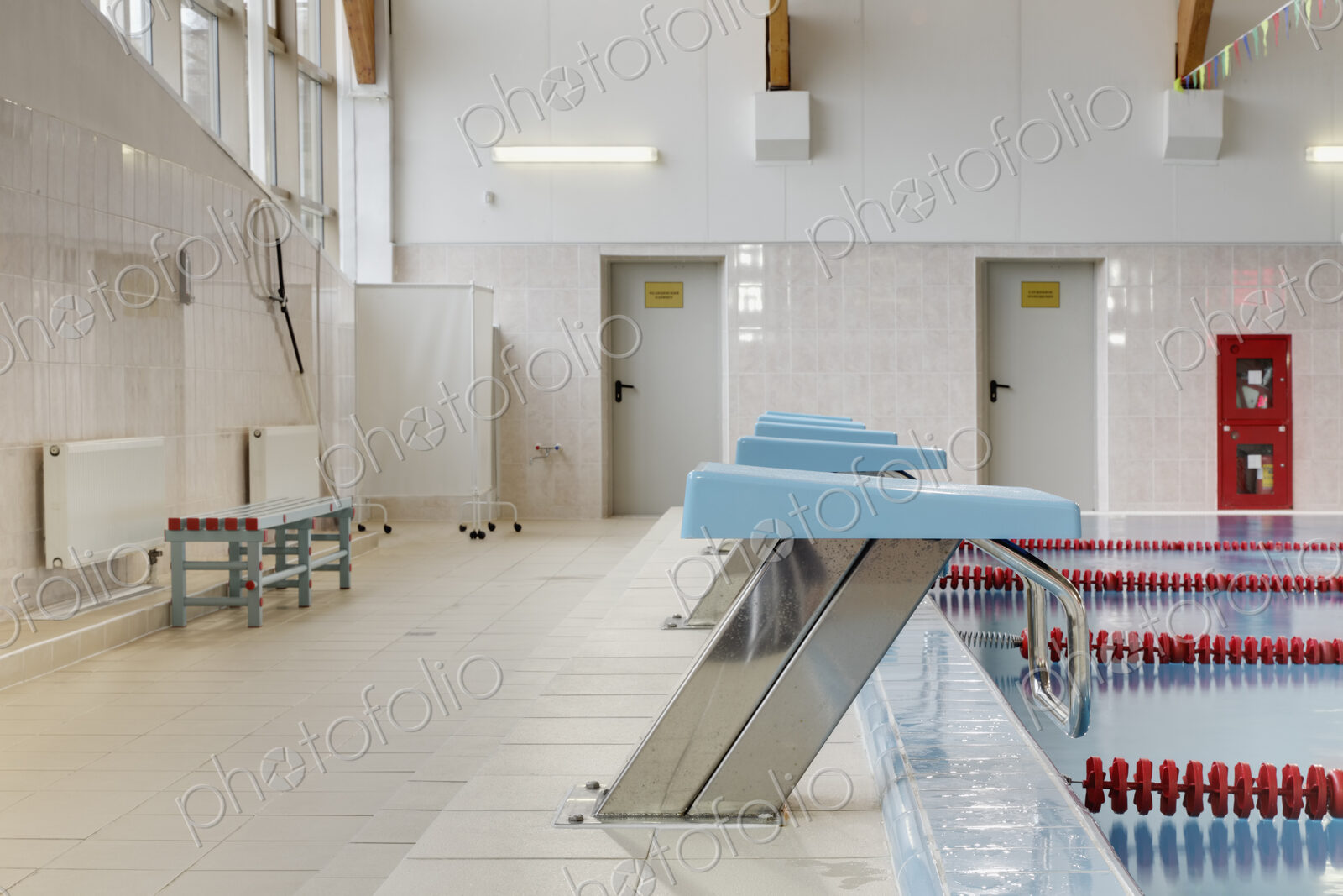 Heated indoor swimming pool, diving blocks, starting blocks for competition