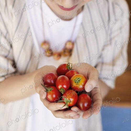 High angle close up of Japanese woman holding freshly picked tomatoes. High angle close up of Japanese woman holding freshly picked tomatoes.