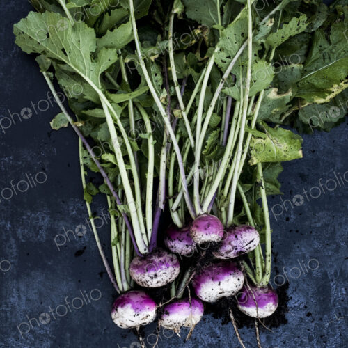 High angle close up of a bunch of freshly picked pink turnips on grey background.