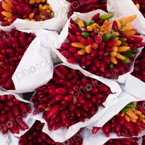 High angle close up of a large bunches of fresh red and orange chillies at a market stall. High angle close up of a large bunches of fresh red and orange chillies at a market stall.