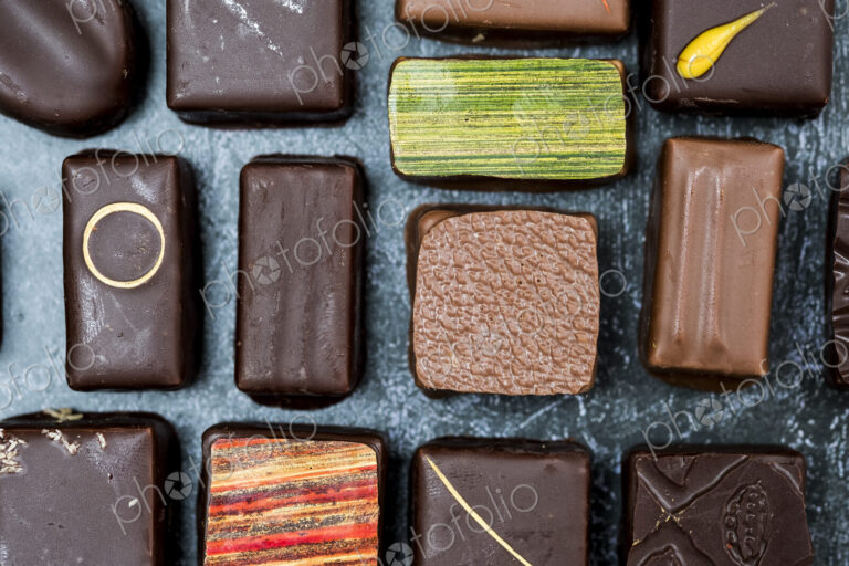 High angle close up of a selection of chocolate pralines.