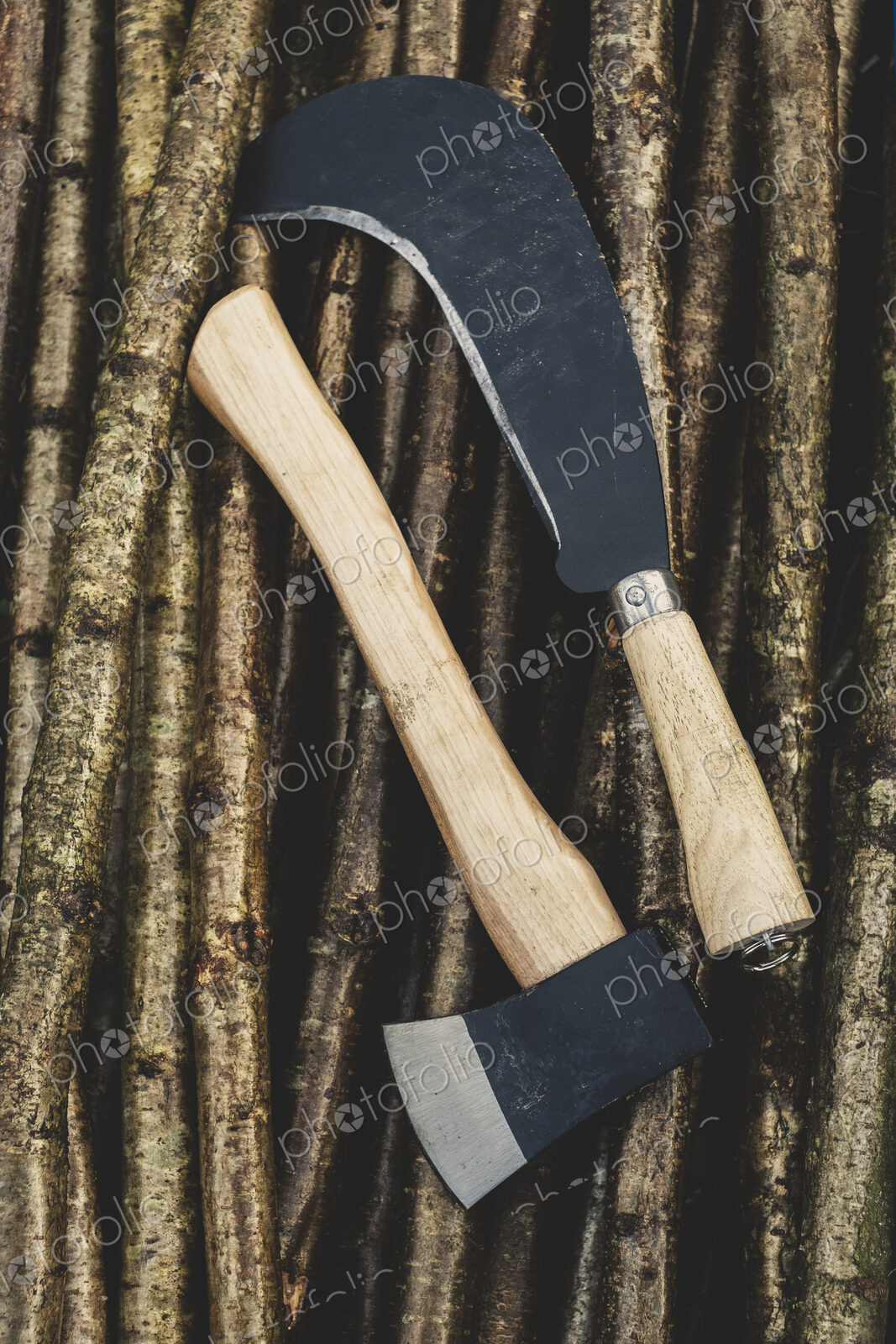 High angle close up of axe and bill hook lying on bunch of wooden stakes used in…