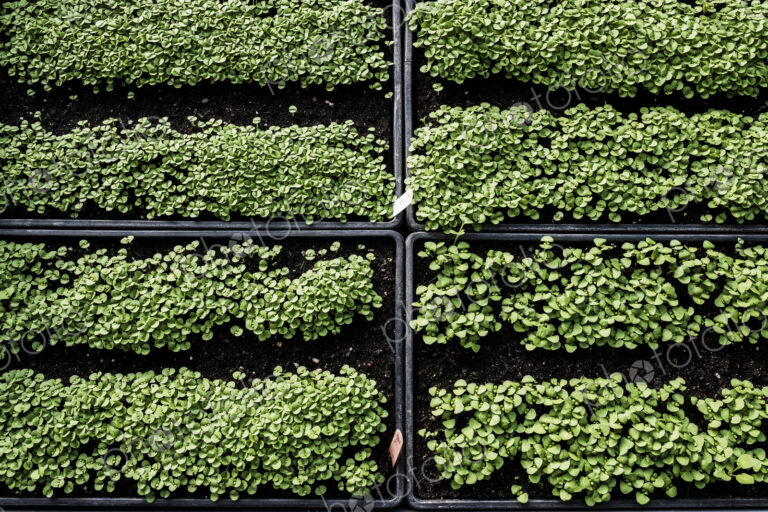 High angle close up of crates with a selection of freshly planted seedlings.