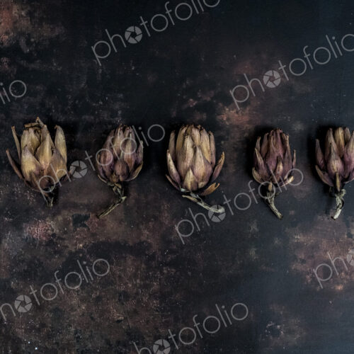 High angle close up of five baked artichokes on black rusty surface. High angle close up of five baked artichokes on black rusty surface.