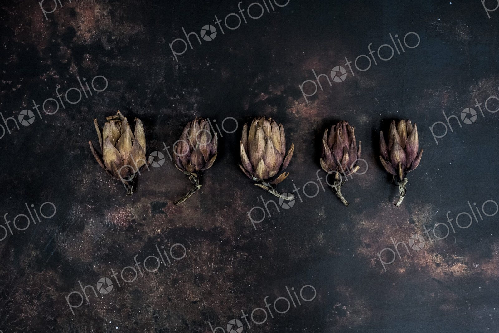High angle close up of five baked artichokes on black rusty surface.