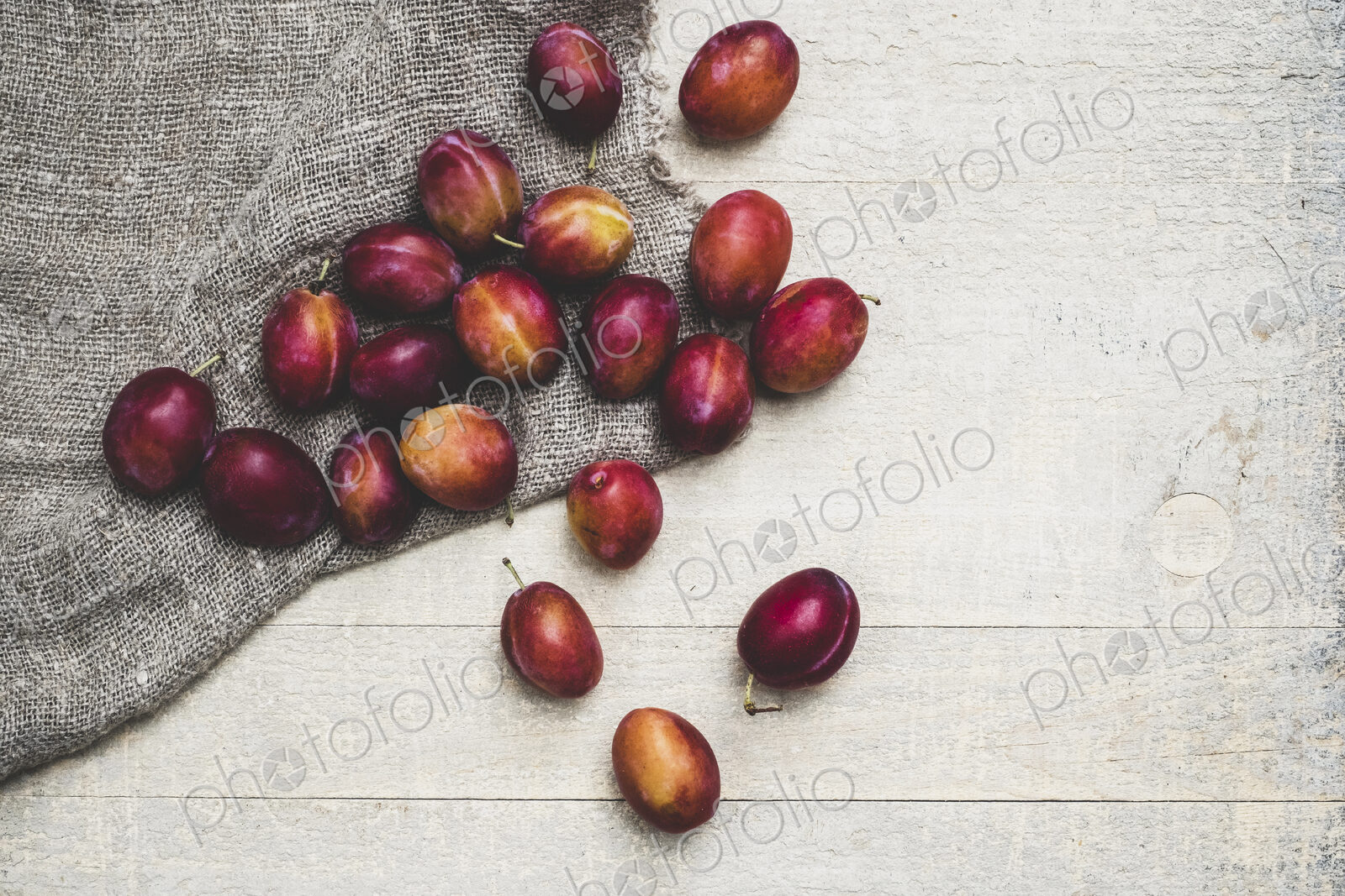 High angle close up of fresh damsons on grey cloth.