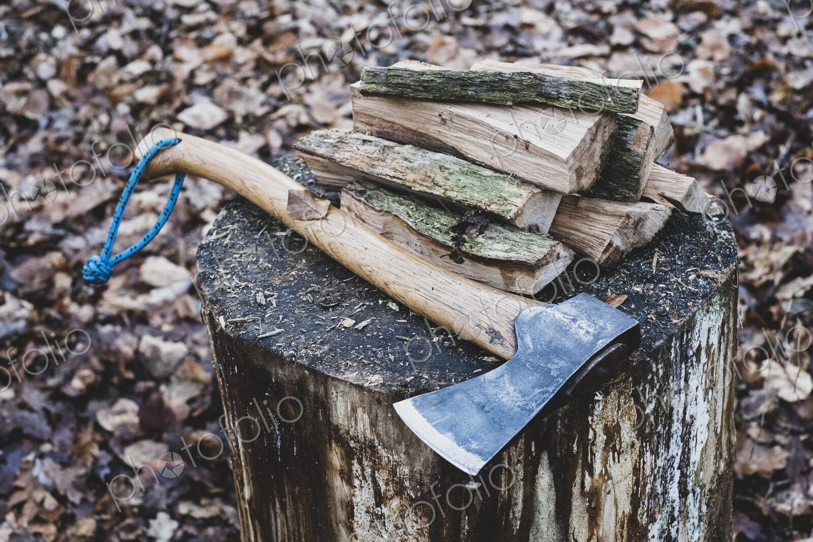 High angle close up of hatchet and wooden logs on chopping block.