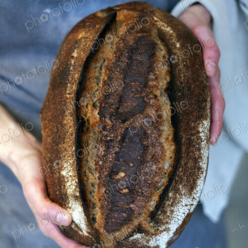 High angle close up of person holding freshly baked loaf of bread in an artisan bakery.