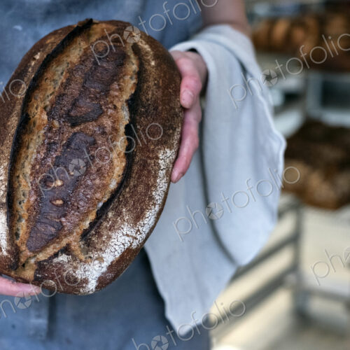 High angle close up of person holding freshly baked loaf of bread in an artisan bakery.