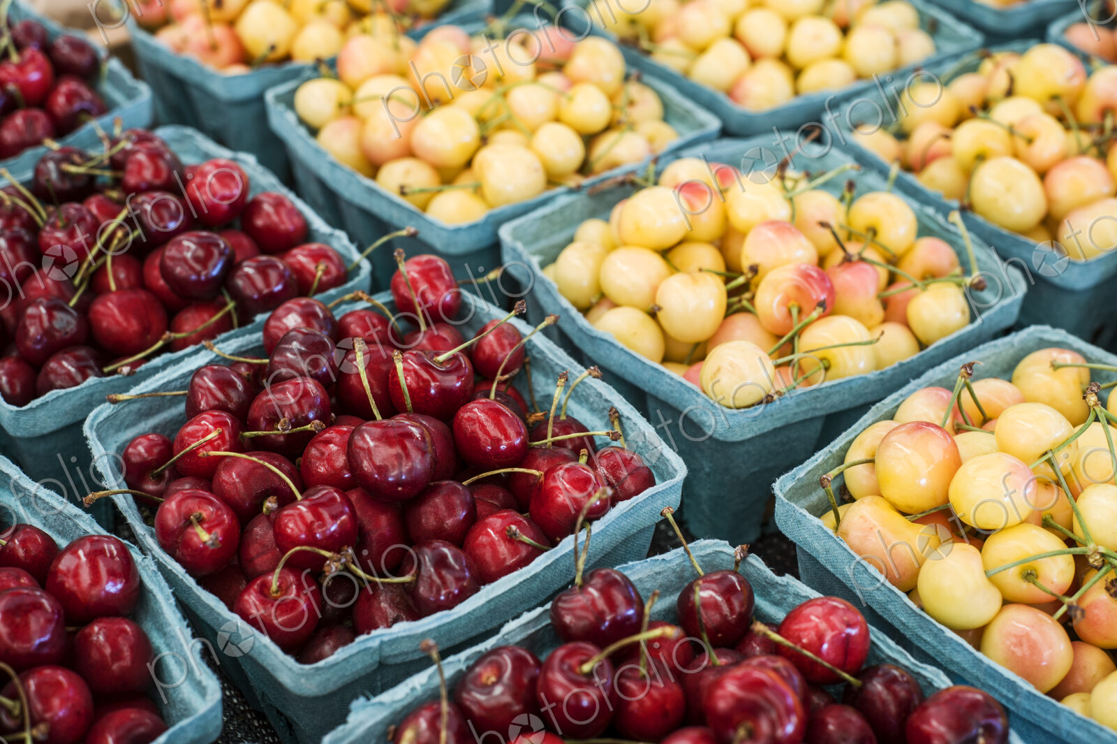 High angle close up of punnets with fresh red and yellow cherries at a fruit and…