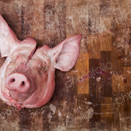 High angle close up of slaughtered pig's head on wooden butcher's block.