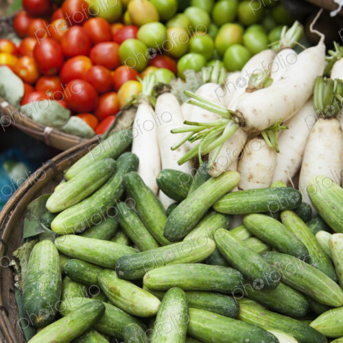 High angle close up of vegetables at a farmer's market in Phnom Penh, Cambodia. High angle close up of vegetables at a farmer's market in Phnom Penh, Cambodia.