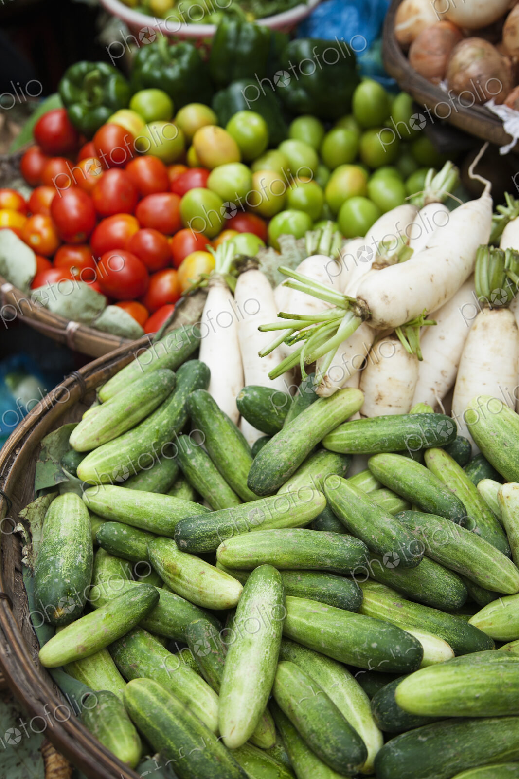 High angle close up of vegetables at a farmer’s market in Phnom Penh, Cambodia.