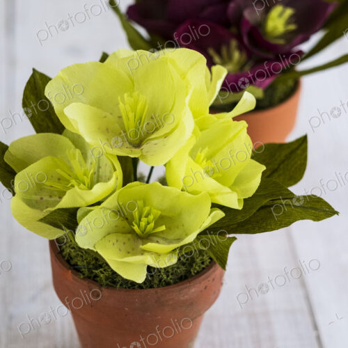 High angle close up of yellow and purple paper flowers in terracotta flowerpots. High angle close up of yellow and purple paper flowers in terracotta flowerpots.