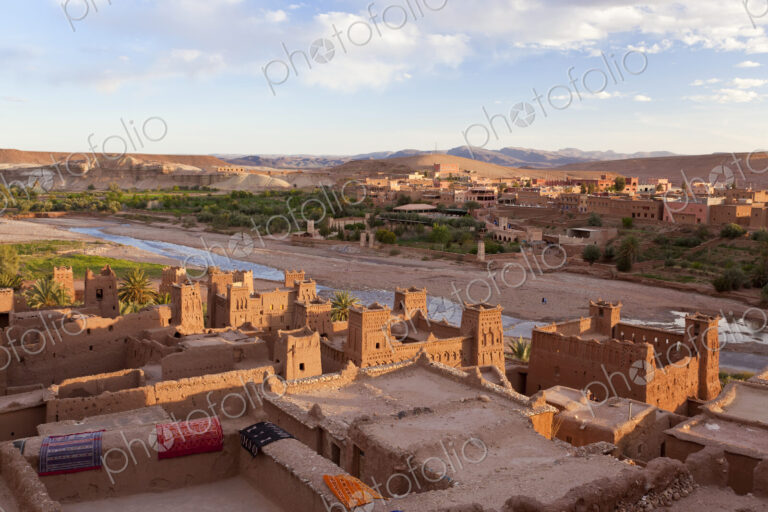 High angle view across rooftops of Ait Ben Haddou Ksar, Atlas Mountains, Morocco.