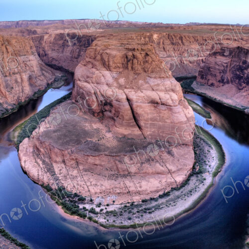 High angle view of Horseshoe Bend river and rock formations, Page, Arizona, United States