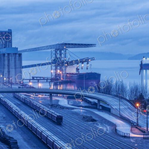 High angle view of Tacoma train station and skyline, Washington, United States