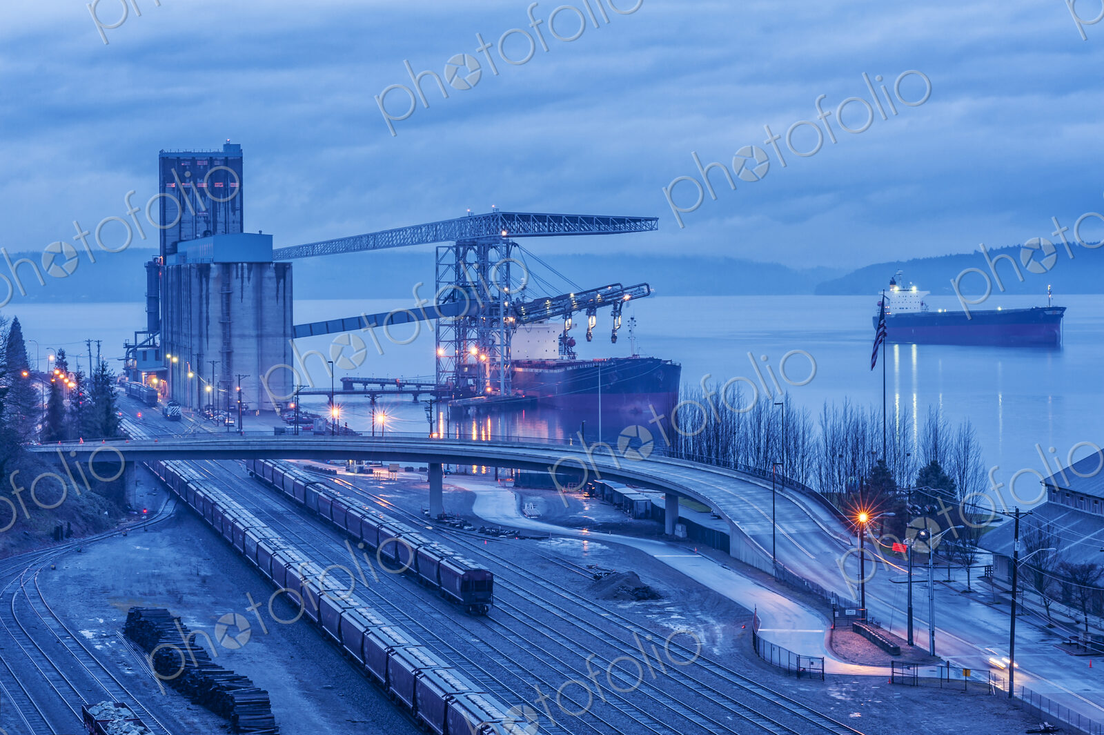 High angle view of Tacoma train station and skyline, Washington, United States