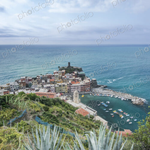 High angle view of Vernazza cityscape and ocean, La Spezia, Italy