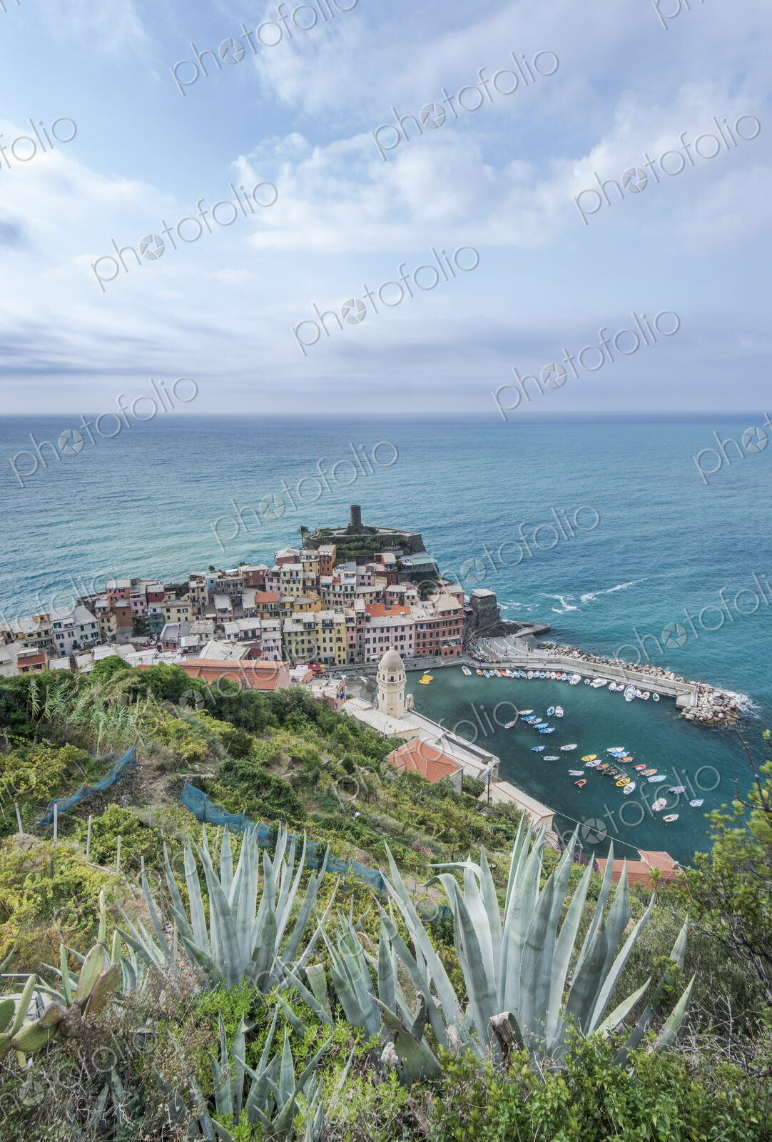 High angle view of Vernazza cityscape and ocean, La Spezia, Italy