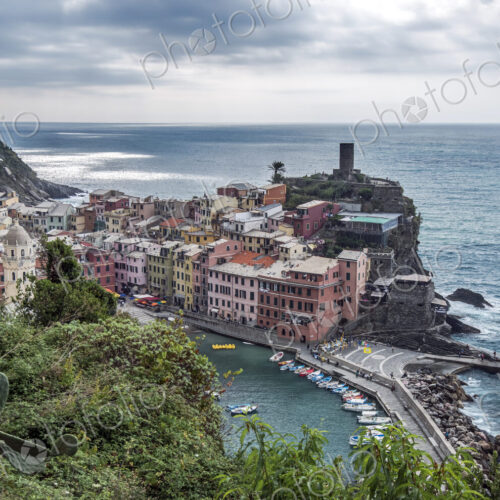 High angle view of Vernazza cityscape and ocean, La Spezia, Italy