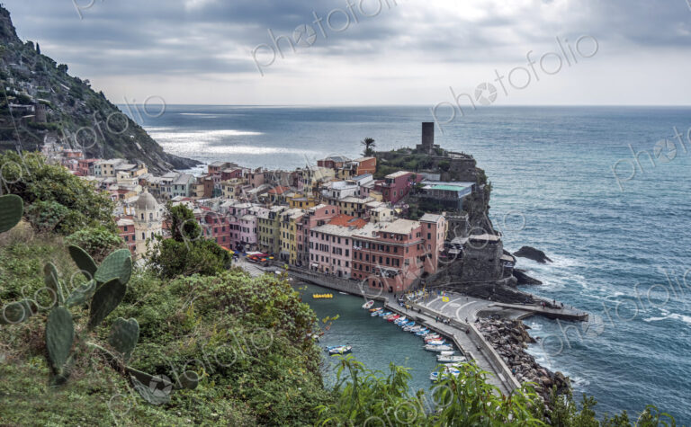 High angle view of Vernazza cityscape and ocean, La Spezia, Italy